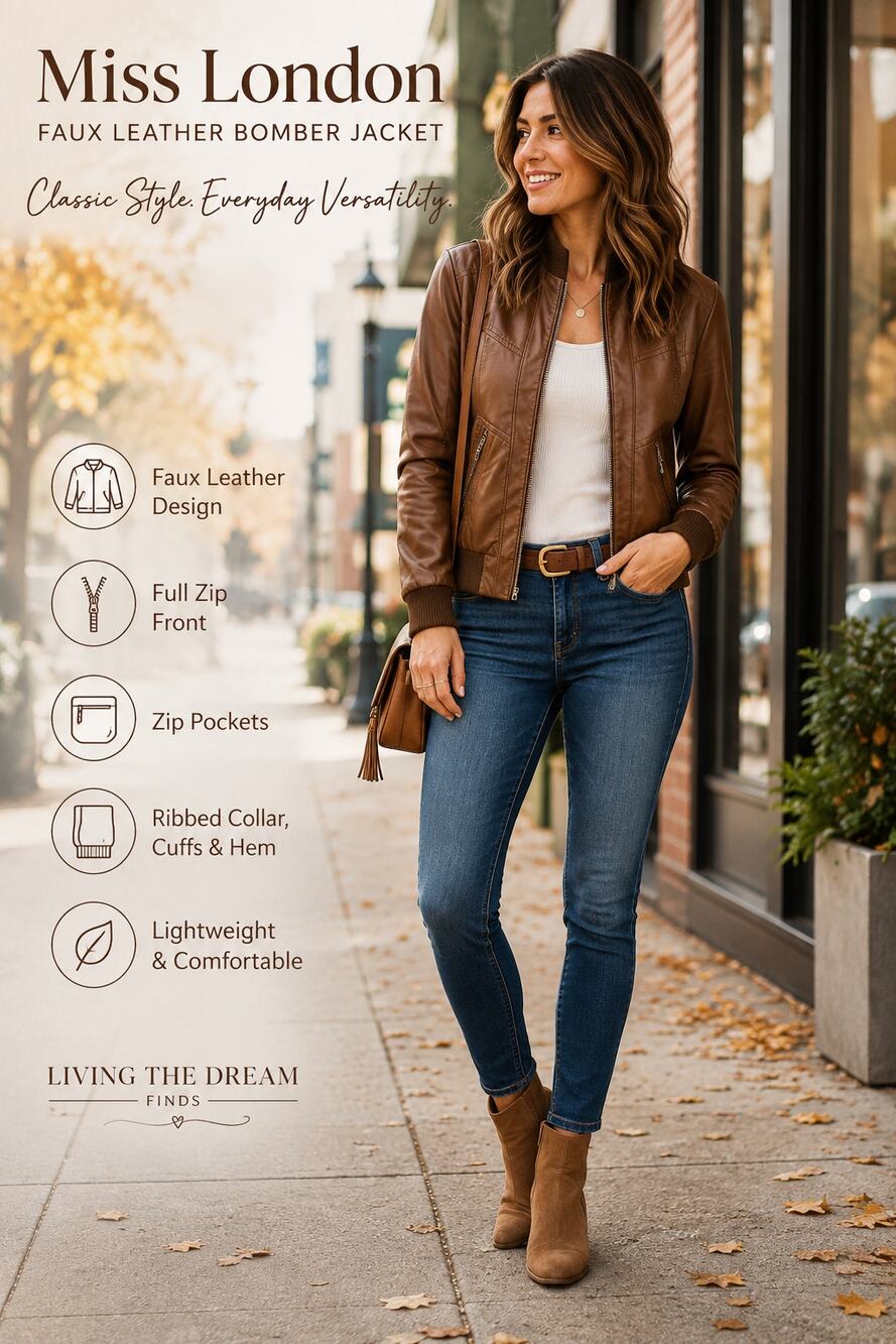 Miss London Women’s Brown Faux Leather Bomber Jacket Size Small S Zip Pockets